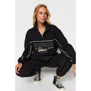 Trendyol Black with Zipper, Printed Oversize/Wide Fit, Fleece Inside, Knitted Sweatshirt obraz