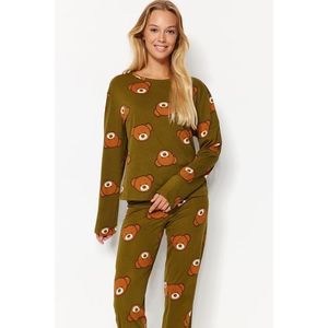 Trendyol Khaki 100% bavlněný medvídek s potiskem trička-Jogger pletené pyžamo obraz