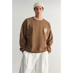 Trendyol Dark Brown Oversize/Wide Cut Floral Embroidered Cotton Sweatshirt with Fleece Inside obraz