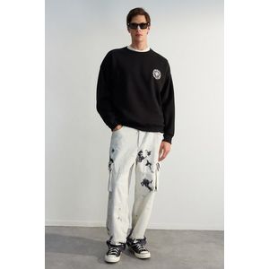 Trendyol Black Oversize/Wide Cut Floral Embroidered Cotton Sweatshirt with Fleece Inside obraz