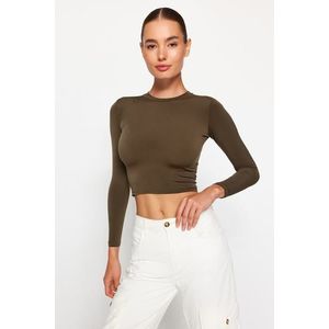 Trendyol Khaki Standing Collar Fitted/Simple Long Sleeves Gathered Flexible Knitted Blouse obraz