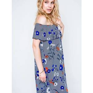 Dress with a carmen neckline decorated with a print in flowers and butterflies navy blue obraz