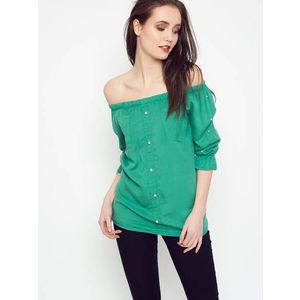 Blouse with pearls revealing shoulders green obraz