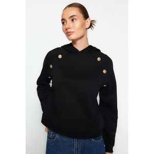 Trendyol Black Hoodie with Button Detail, Regular Fit, Fleece Inside Knitted Sweatshirt obraz