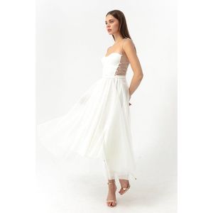 Lafaba Dámské bílé šaty s kamínkovými ramínky, rozšířený střih midi večerních šatů obraz