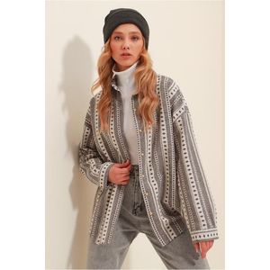 Trend Alaçatı Stili Women's Gray Ethnic Pattern Oversized Woven Winter Shirt obraz