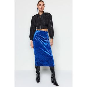 Trendyol Navy Blue Velvet High Waist Pencil Midi Knitted Skirt obraz