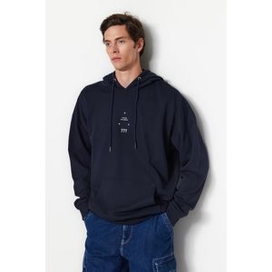 Trendyol Navy Blue Oversize/Wide-Fit Hooded Space Printed Fleece Sweatshirt obraz