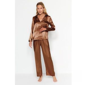 Trendyol Brown Satin Shirt-Pants Weave Pajamas Set obraz