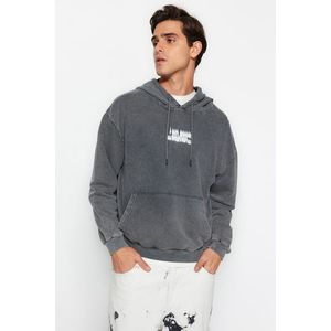 Trendyol Anthracite Relaxed/Comfortable Fit Hooded Faded Effect Back Printed Sweatshirt obraz