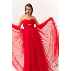 Červené večerní šaty bez ramínek z tylu pro ženy Lafaba obraz