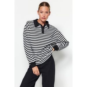 Trendyol Black Striped Polo Neck Thick Fleece Inside Oversized Knitted Sweatshirt obraz