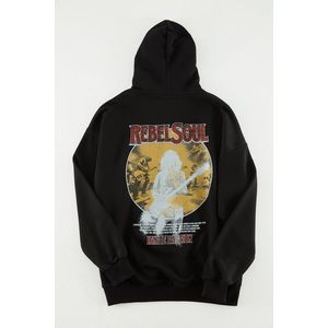 Trendyol Black Oversize/Wide Cut Hooded Rock Music Printed Thick Sweatshirt obraz