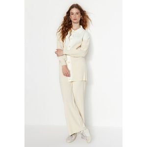 Trendyol Light Beige Color Block Ribbed Cardigan-Pants Knitwear Top-Top Set obraz