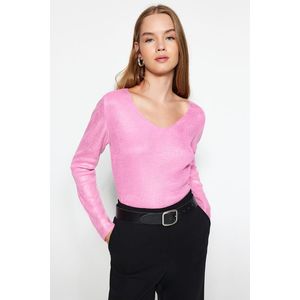 Trendyol růžový základní fóliový pletený svetr s potiskem obraz