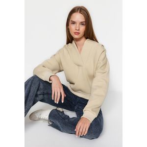 Trendyol Stone Thick Fleece Hooded Comfort-Cut Crop Knitted Sweatshirt obraz