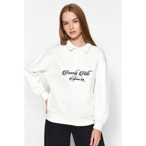 Trendyol Ecru Shirt Collar with Embroidery Regular Fit Knitted Sweatshirt with Fleece Inside obraz