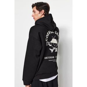 Trendyol Black Oversize/Wide Cut Hooded Fluffy Printed Fleece Cotton Sweatshirt obraz