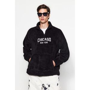 Trendyol Black Oversize/Wide Cut Zippered City Embroidered Thick Fleece/Plush Sweatshirt obraz