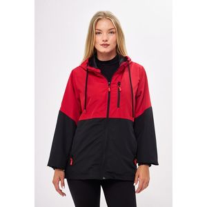 Dámský červeno-černý dvoubarevný podšitý voděodolný a větruvzdorný plášť s kapucí a kapsou od značky River Club. obraz