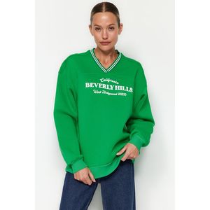 Trendyol zelená oversize/široká pletená mikina s fleecem a sloganem obraz