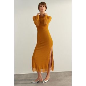 Trendyol Mustard Special Textured, Tulle Liner, Fitted Maxi Stand Collar, Flexible Knit Dress obraz