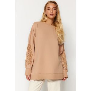 Trendyol Camel Casual Cut Sleeves Embroidered Knitted Sweatshirt obraz