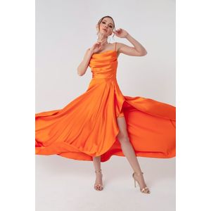 Lafaba Women's Orange Satin Evening &; Prom Dress with Ruffles and a Slit obraz