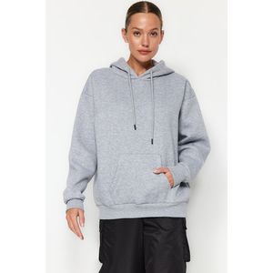 Trendyol Gray Melange Thick Fleece Inside Oversize/Wide Fit Hoodie Basic Knitted Sweatshirt obraz