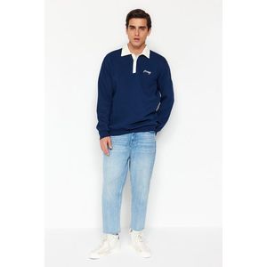 Trendyol Navy Blue Regular/Normal Cut Polo Neck Embroidered Cotton Sweatshirt with Fleece Inside obraz