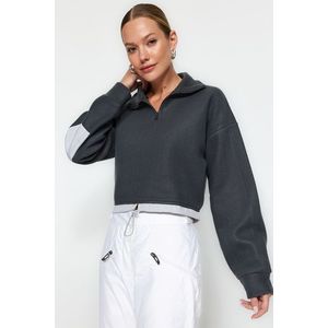 Trendyol Anthracite Crop Parachute Detailed Polo Neck Zipper With Stopper Fleece Knitted Sweatshirt obraz