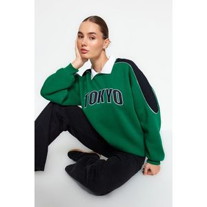 Trendyol Green Thick Fleece Inside Color Block Polo Collar Regular/Regular Knitted Sweatshirt obraz