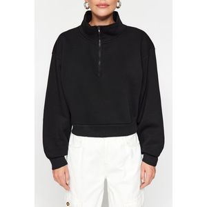 Trendyol Black Relaxed-Cut Crop Basic Zipper Stand-Up Collar Thick Fleece Inner Knitted Sweatshirt obraz