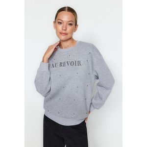 Trendyol Gray Melange Stone and Embroidery Detail Regular Fit Fleece Inside Knitted Sweatshirt obraz