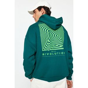 Trendyol Dark Green Oversize/Wide Cut Labyrinth Printed Cotton Sweatshirt with Fleece Inside obraz