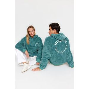 Trendyol Mint Oversize/Wide-Fit Hooded Long Sleeve Text Embroidered Plush Sweatshirt obraz