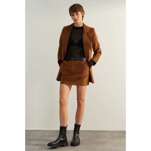 Trendyol Dark Brown Premium High Quality Belt Faux Leather Velvet Mini Woven Skirt obraz