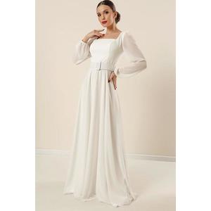 By Saygı Lined Chiffon Long Evening Dress with a Square Neck Waist and Belted Belt. obraz