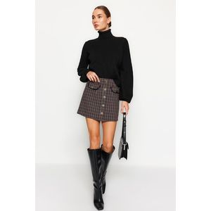 Trendyol Checkered Mini Woven Mini Skirt with Pocket and Button Detail in Brown Tweed obraz