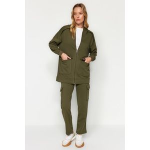 Trendyol Khaki Pocket, Zippered Cardigan-Bottom Knitted Tracksuit Set obraz