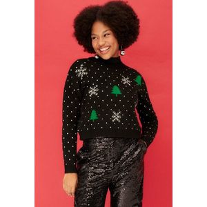 Trendyol černý vánoční pletený svetr s výstřihem obraz