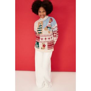 Trendyol kamenný vánoční tematický oversized měkký texturovaný vzorovaný pletený svetr obraz