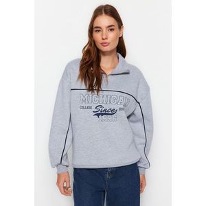 Trendyol Gray Zipper Printed Oversized Thick Fleece Inside Knitted Sweatshirt obraz