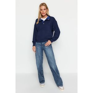 Trendyol Navy Blue Regular/Normal Fit Stitching Detail with Press-studs Stand Up Collar Thick Knitted Sweatshirt obraz