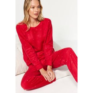 Trendyol Red Velvet Knitted Tshirt-Pants Pajamas Set obraz
