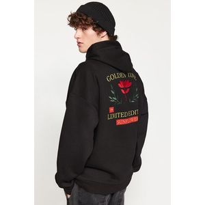 Trendyol Black Oversize/Wide Cut Hooded Printed and Embroidered Sweatshirt with Fleece Inside obraz