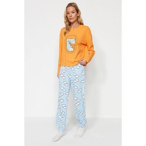 Trendyol Oranžová 100% Bavlněná Sada Pyžama s Mrakovým Vzorem: Tričko a Jogger Kalhoty obraz