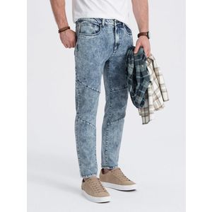 Ombre Spodnie męskie jeansowe z przeszyciem na kolanach - niebieskie obraz