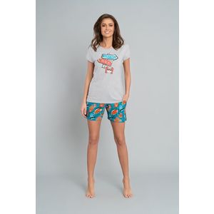 Dámské pyžamo Oceania, krátký rukáv, krátké kalhoty - světlá melanž/potisk obraz