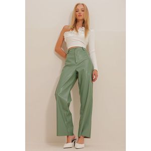 Trend Alaçatı Stili Dámské zelené kožené kalhoty Palazzo s dvojitou kapsou obraz